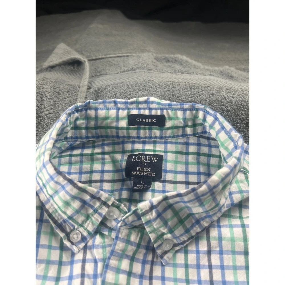 J Crew Flex Washed Classic Fit Plaid‎ Button Down Shirt Mens Large Blue Green